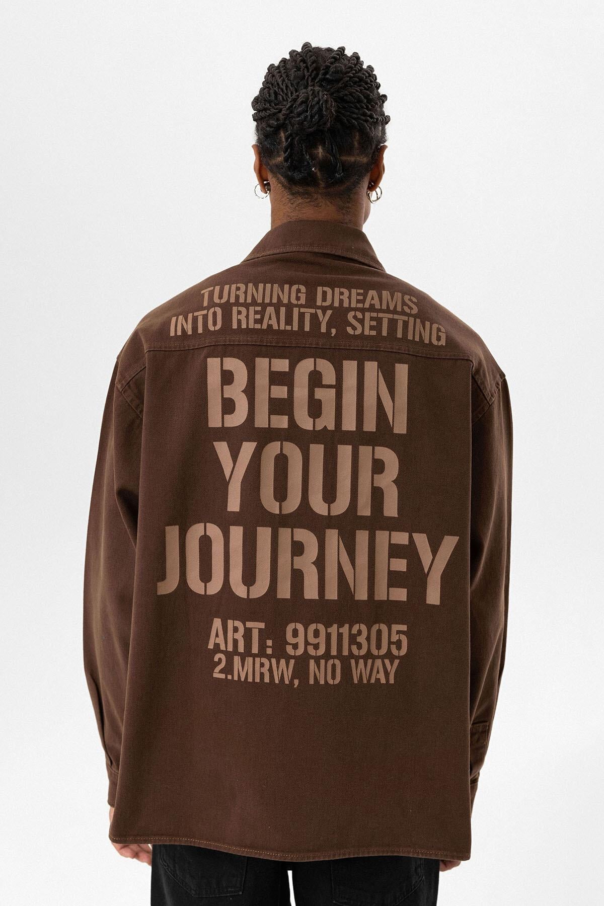 Çift Cep Detaylı Arka Baskılı Oversize Denım Ceket Kahve