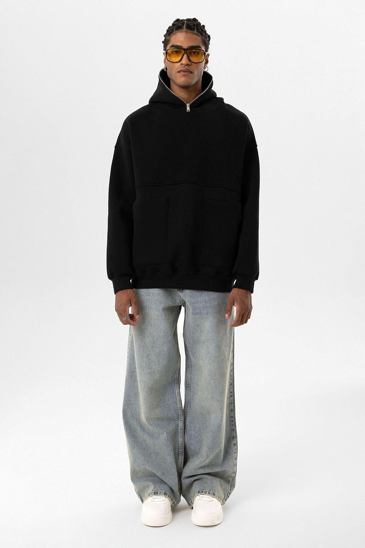 Çift Cep Fermuar Detaylı Kapüşonlu Sweatshirt Siyah