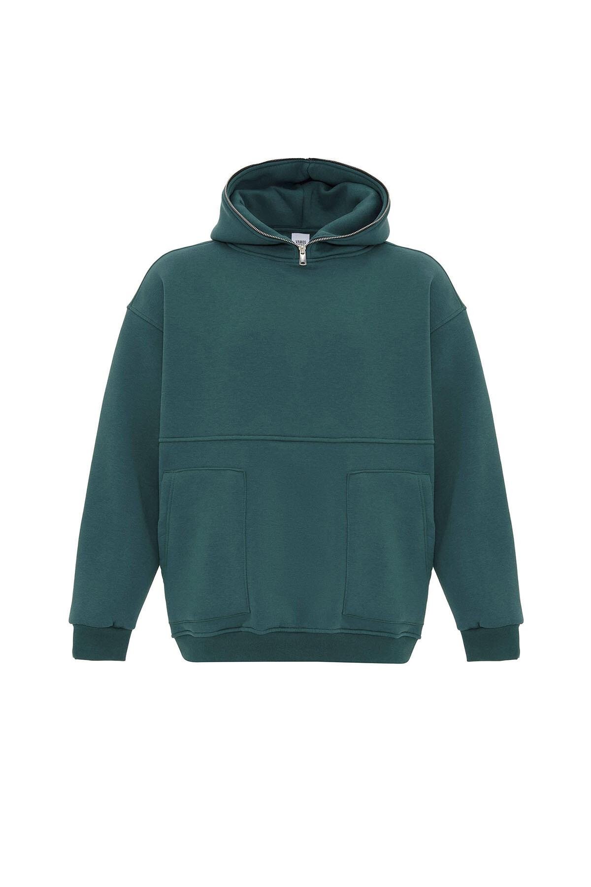 Çift Cep Fermuar Detaylı Kapüşonlu Sweatshirt Petrol