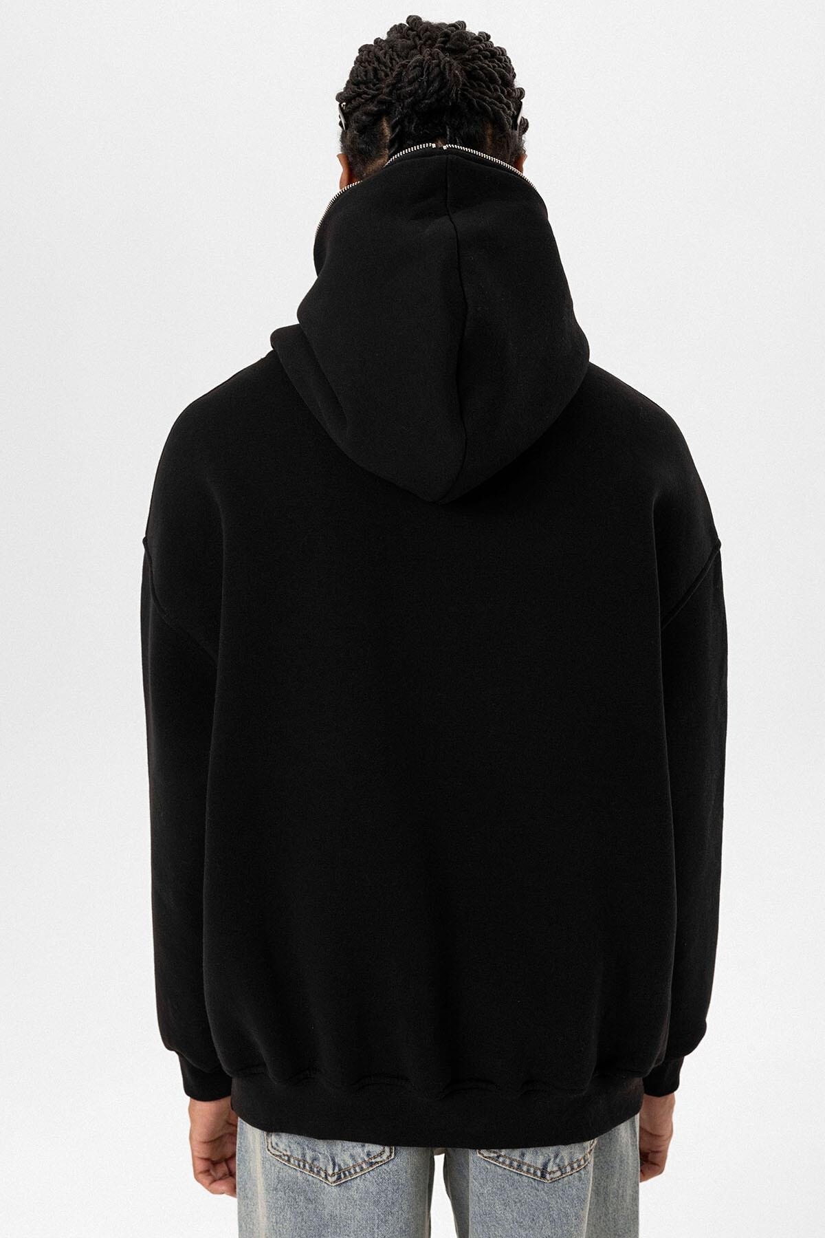 Çift Cep Fermuar Detaylı Kapüşonlu Sweatshirt Siyah