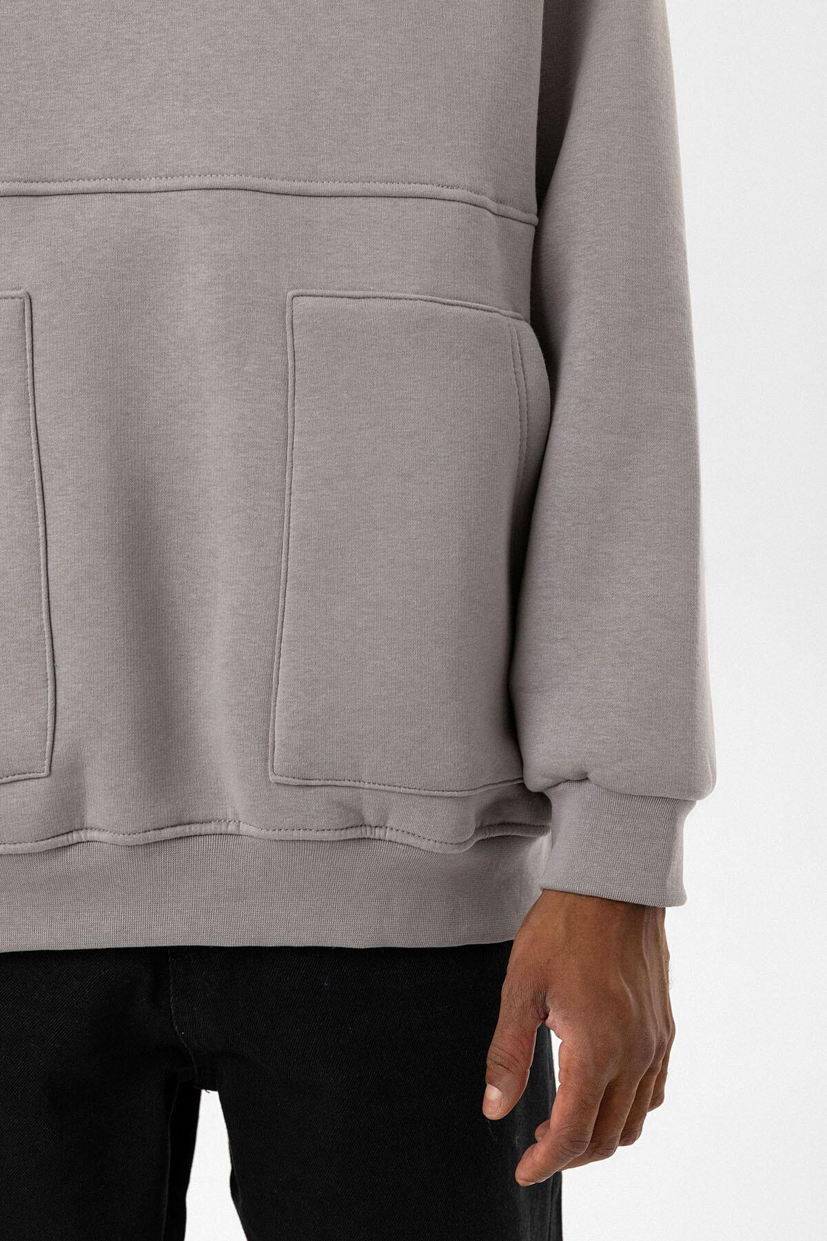 Çift Cep Fermuar Detaylı Kapüşonlu Sweatshirt Açık Gri