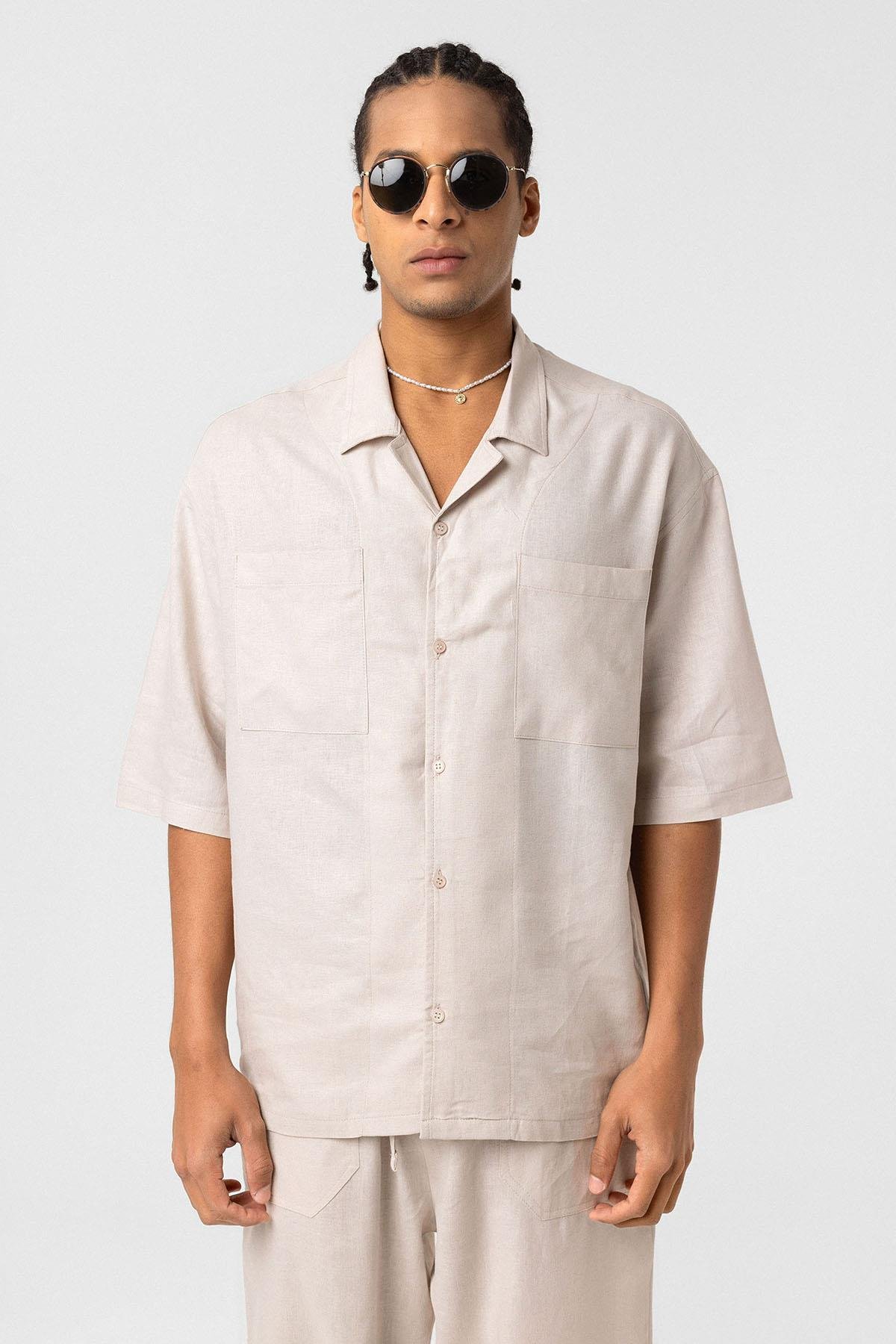 Çift Cepli Oversize Keten Gömlek Bej