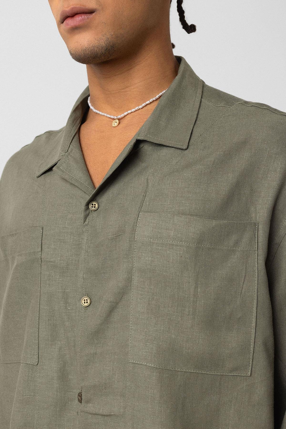 Çift Cepli Oversize Keten Gömlek Haki