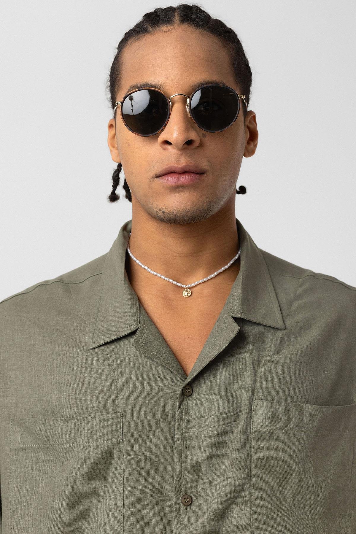 Çift Cepli Oversize Keten Gömlek Haki