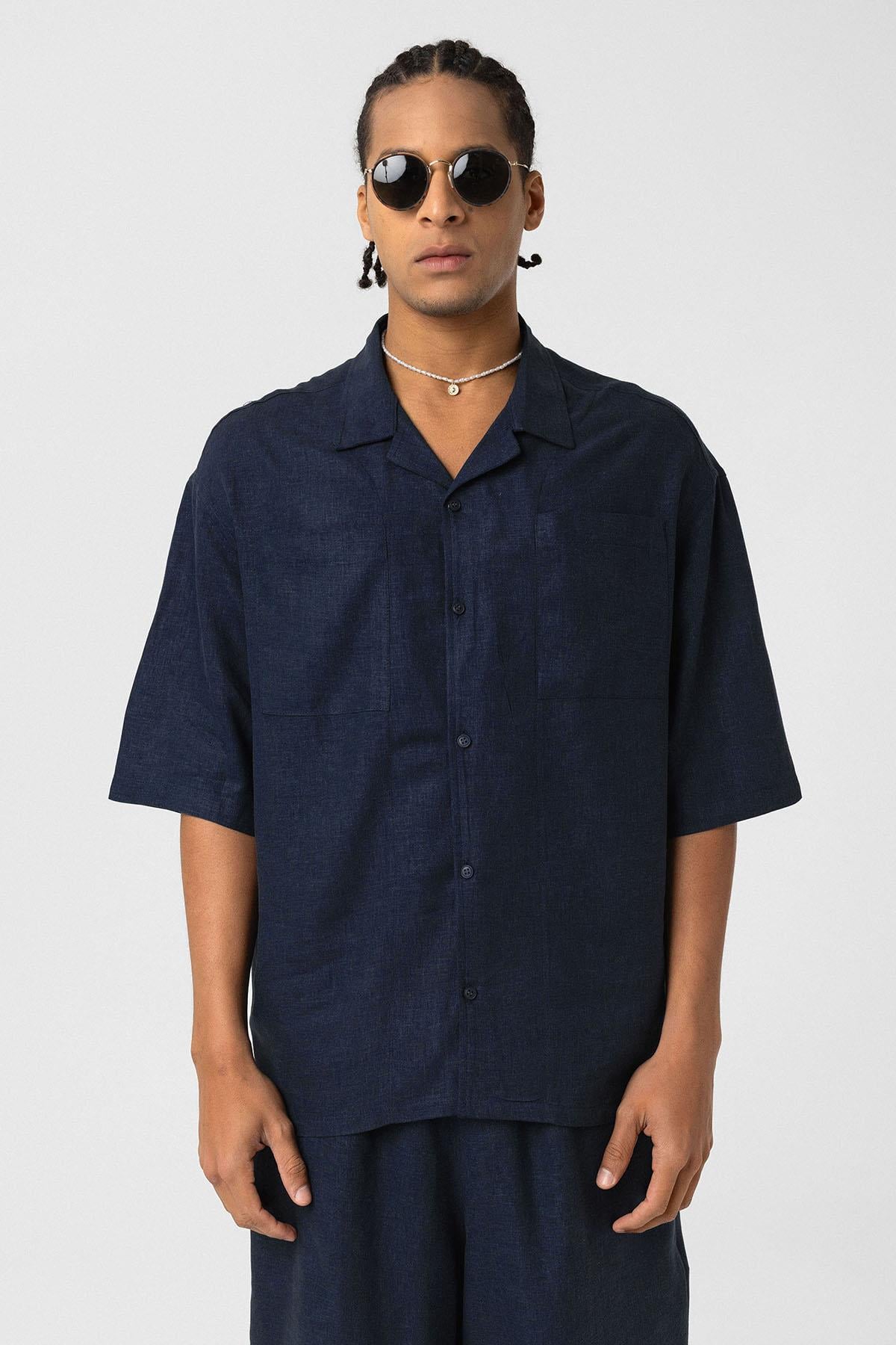 Çift Cepli Oversize Keten Gömlek Lacivert
