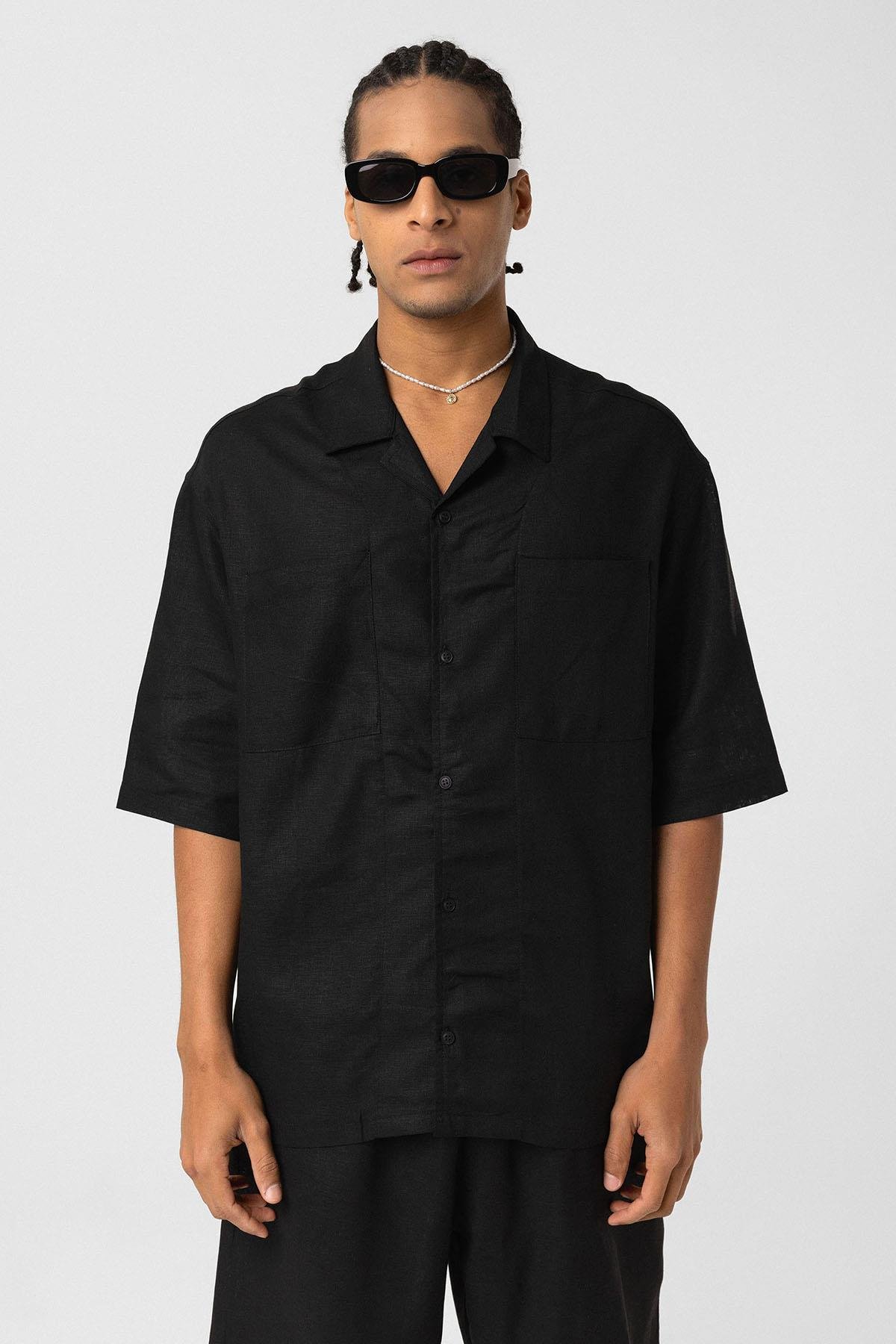 Çift Cepli Oversize Keten Gömlek Siyah
