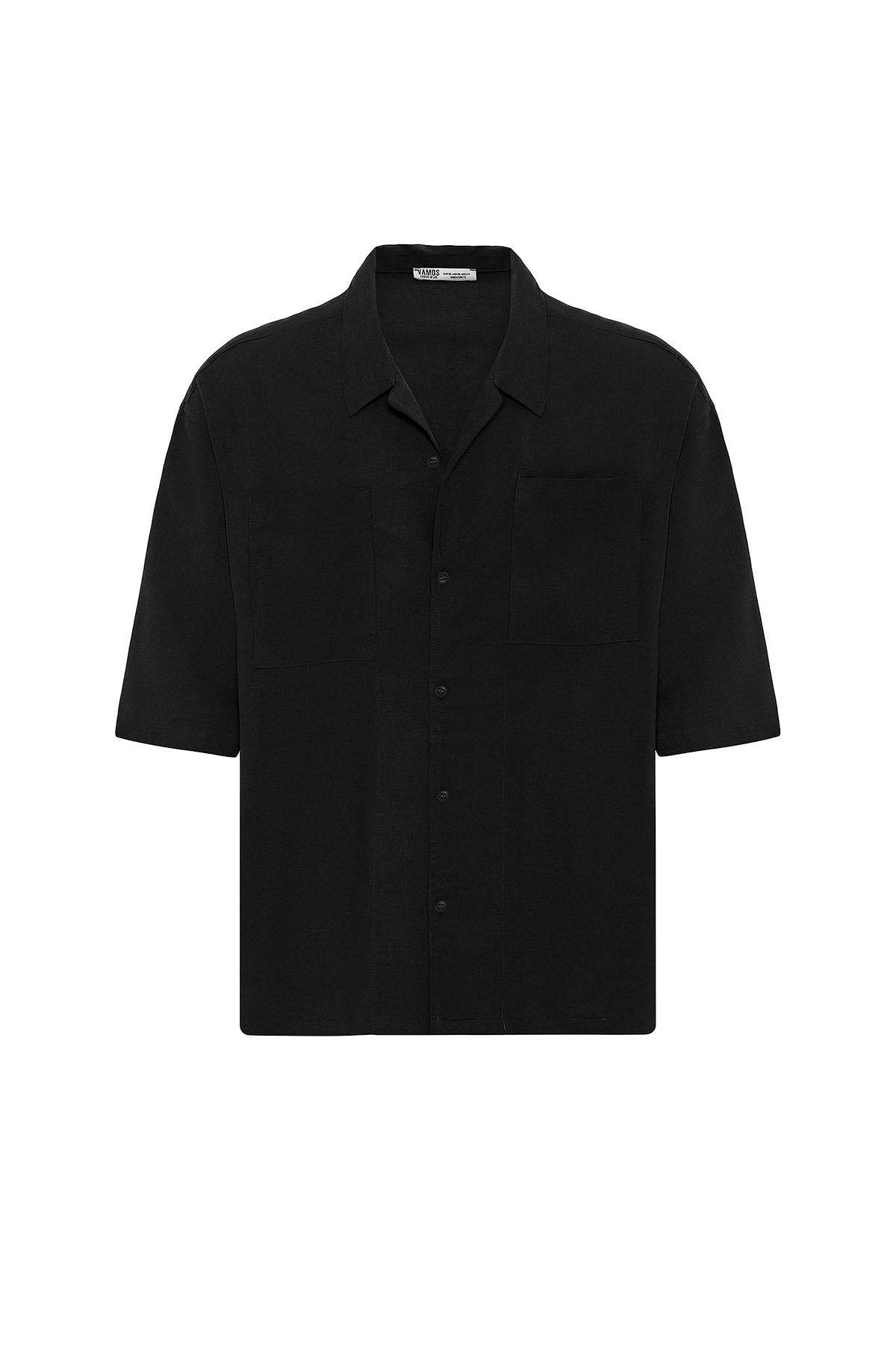 Çift Cepli Oversize Keten Gömlek Siyah