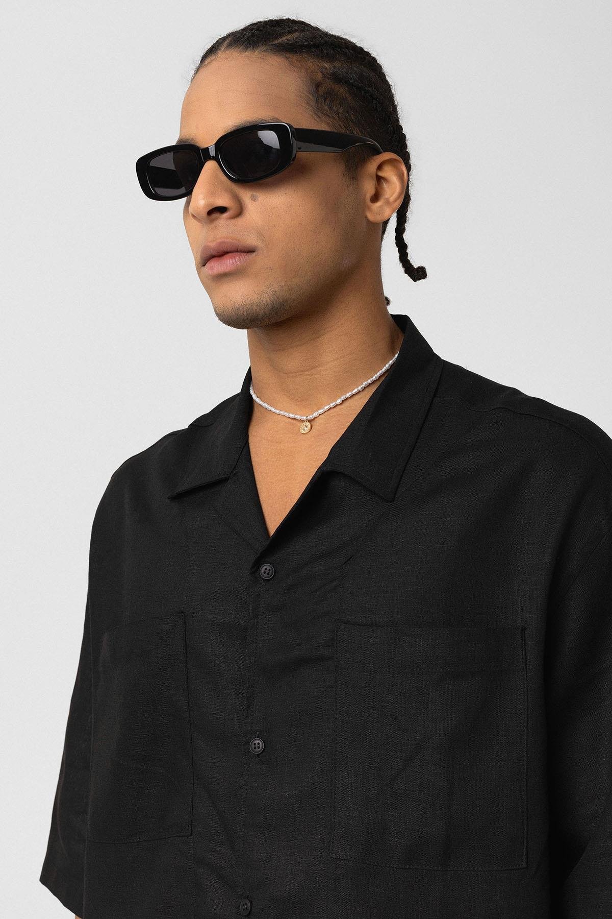 Çift Cepli Oversize Keten Gömlek Siyah