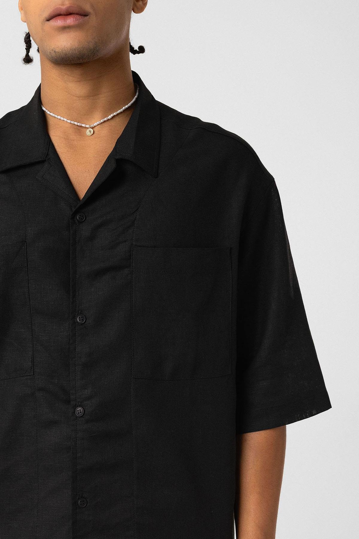 Çift Cepli Oversize Keten Gömlek Siyah