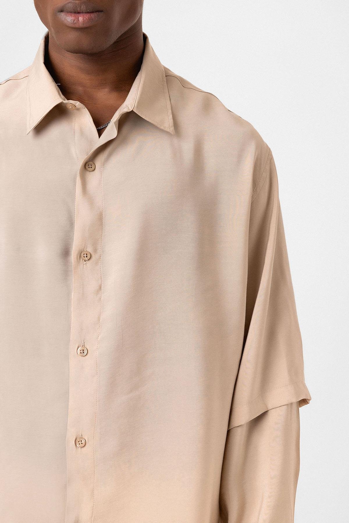 Çift Kol Detaylı Oversize Gömlek Bej