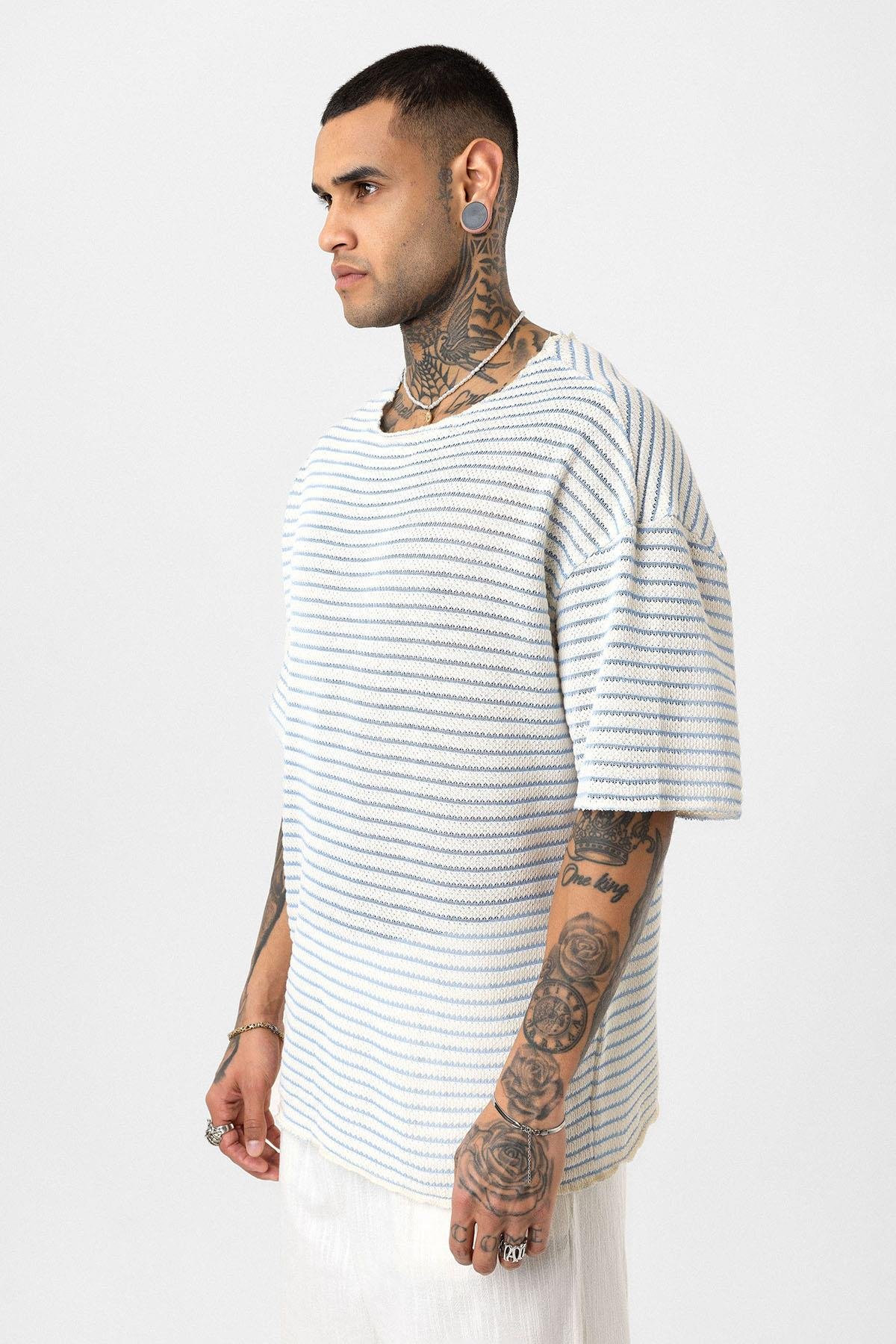 Çizgili Oversize Triko Tişört Bebe Mavi