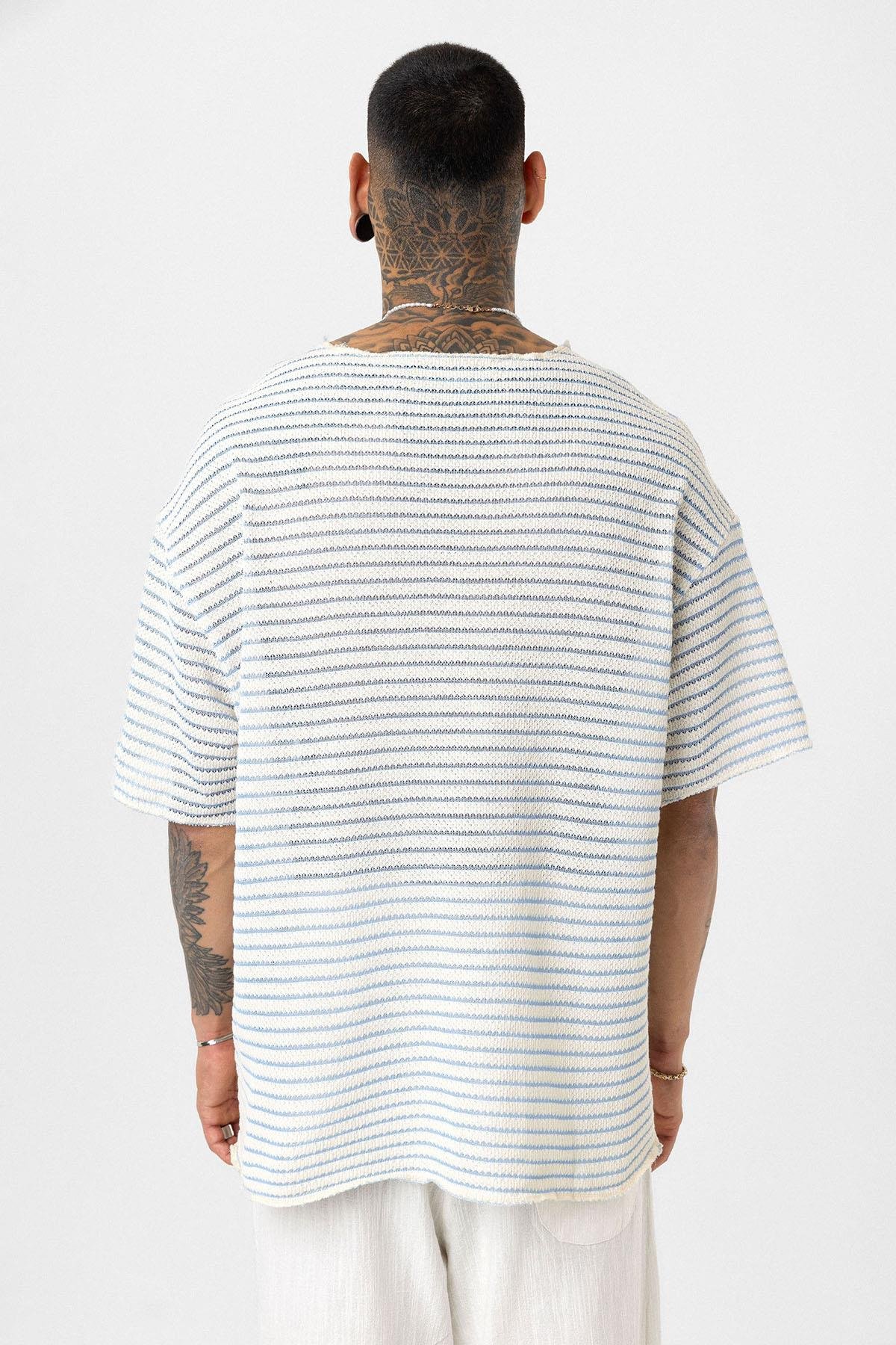 Çizgili Oversize Triko Tişört Bebe Mavi