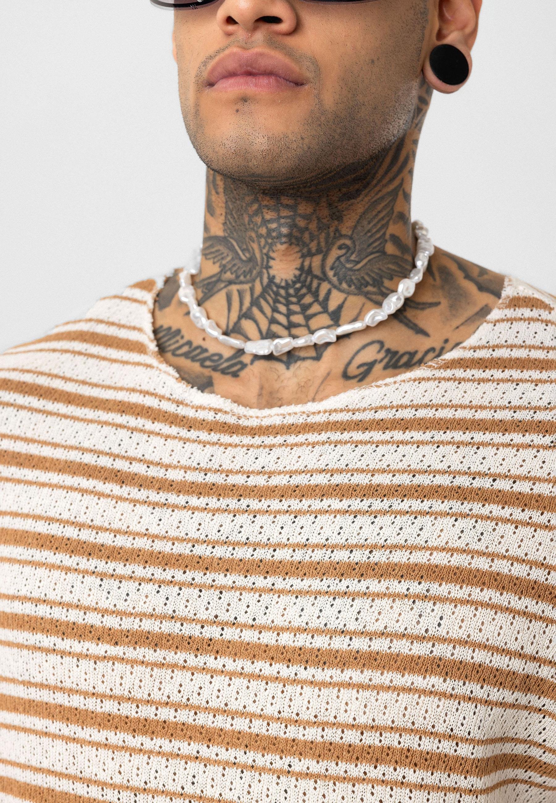 Çizgili Oversize Triko Tişört Camel