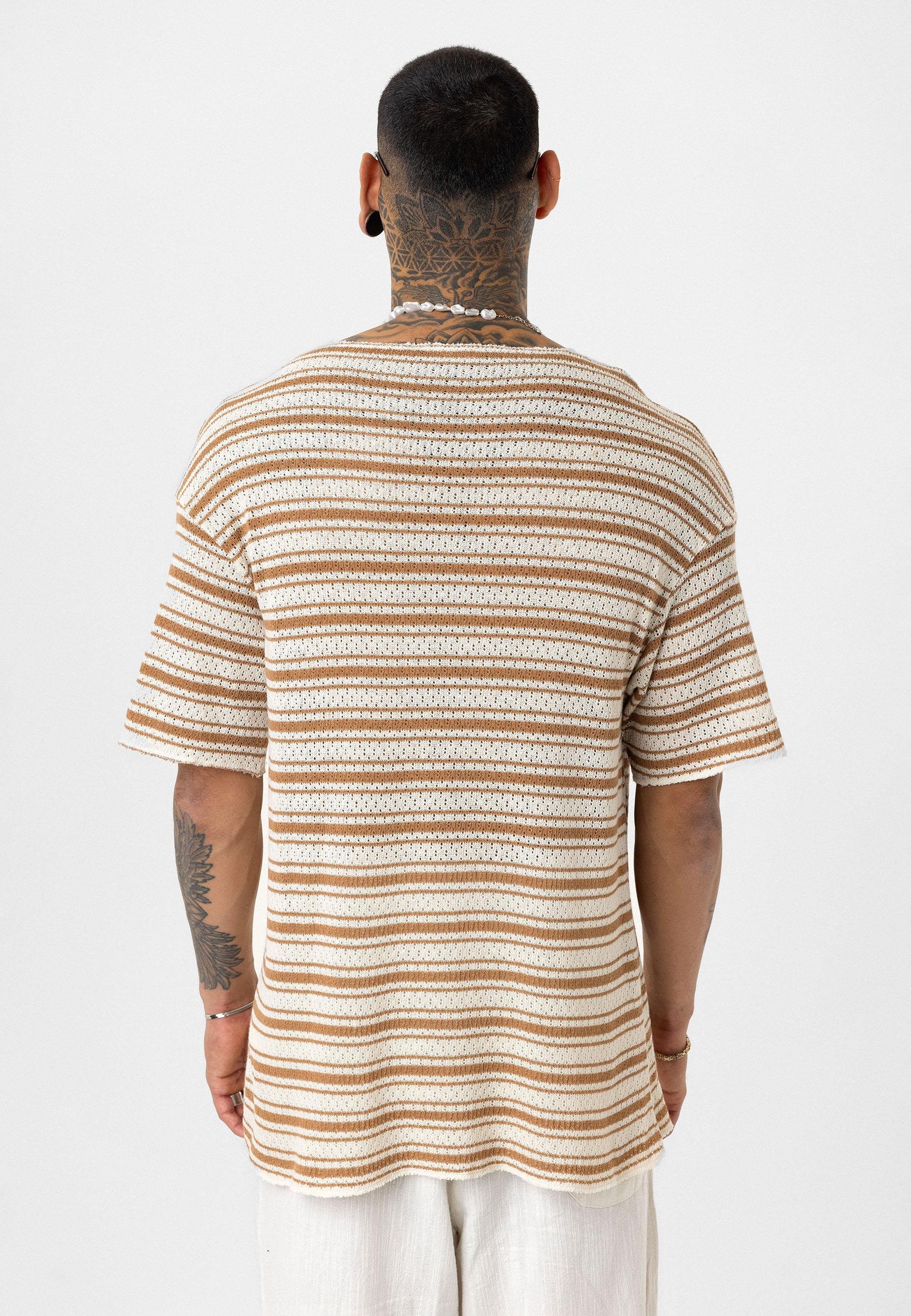 Çizgili Oversize Triko Tişört Camel