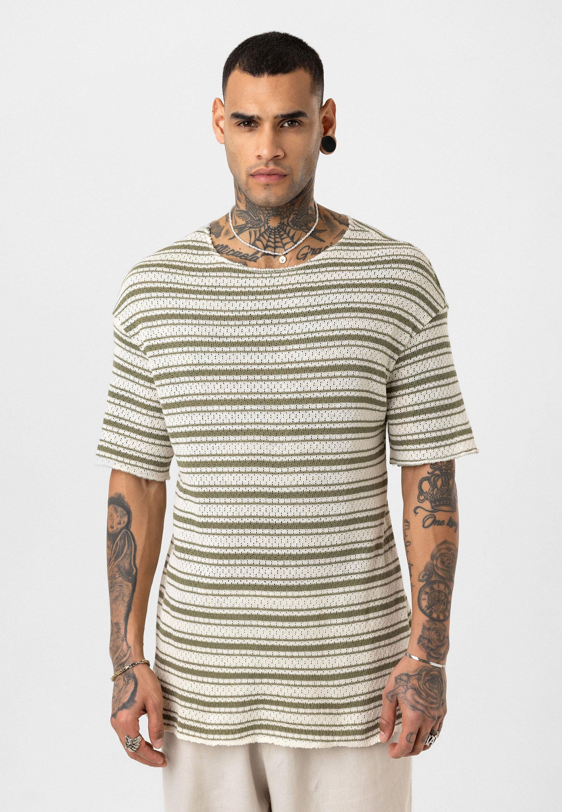 Çizgili Oversize Triko Tişört Haki