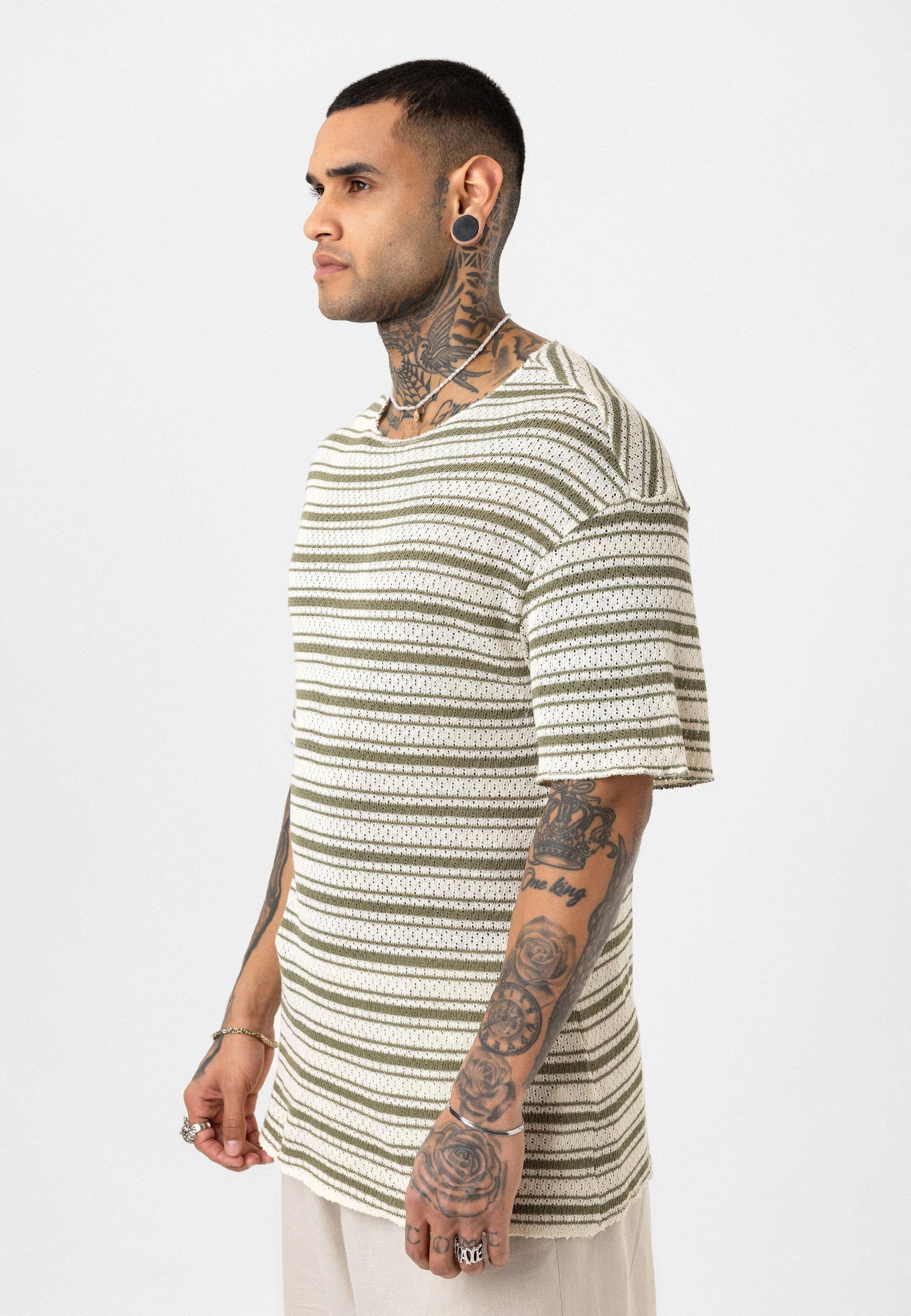 Çizgili Oversize Triko Tişört Haki