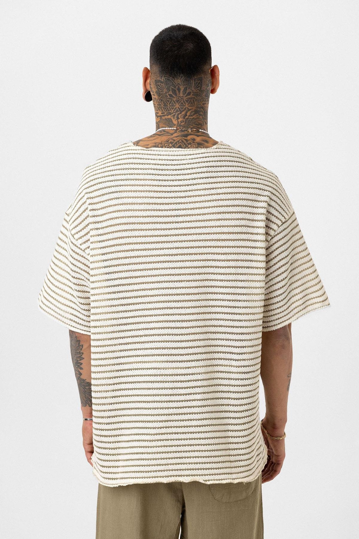 Çizgili Oversize Triko Tişört Haki