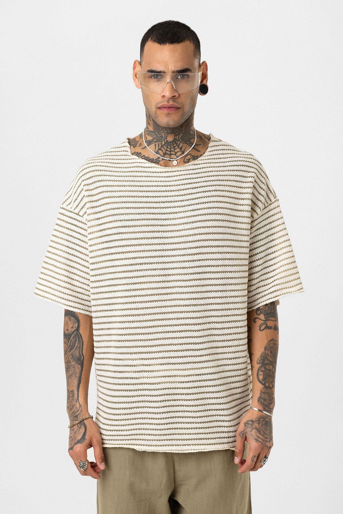 Çizgili Oversize Triko Tişört Haki