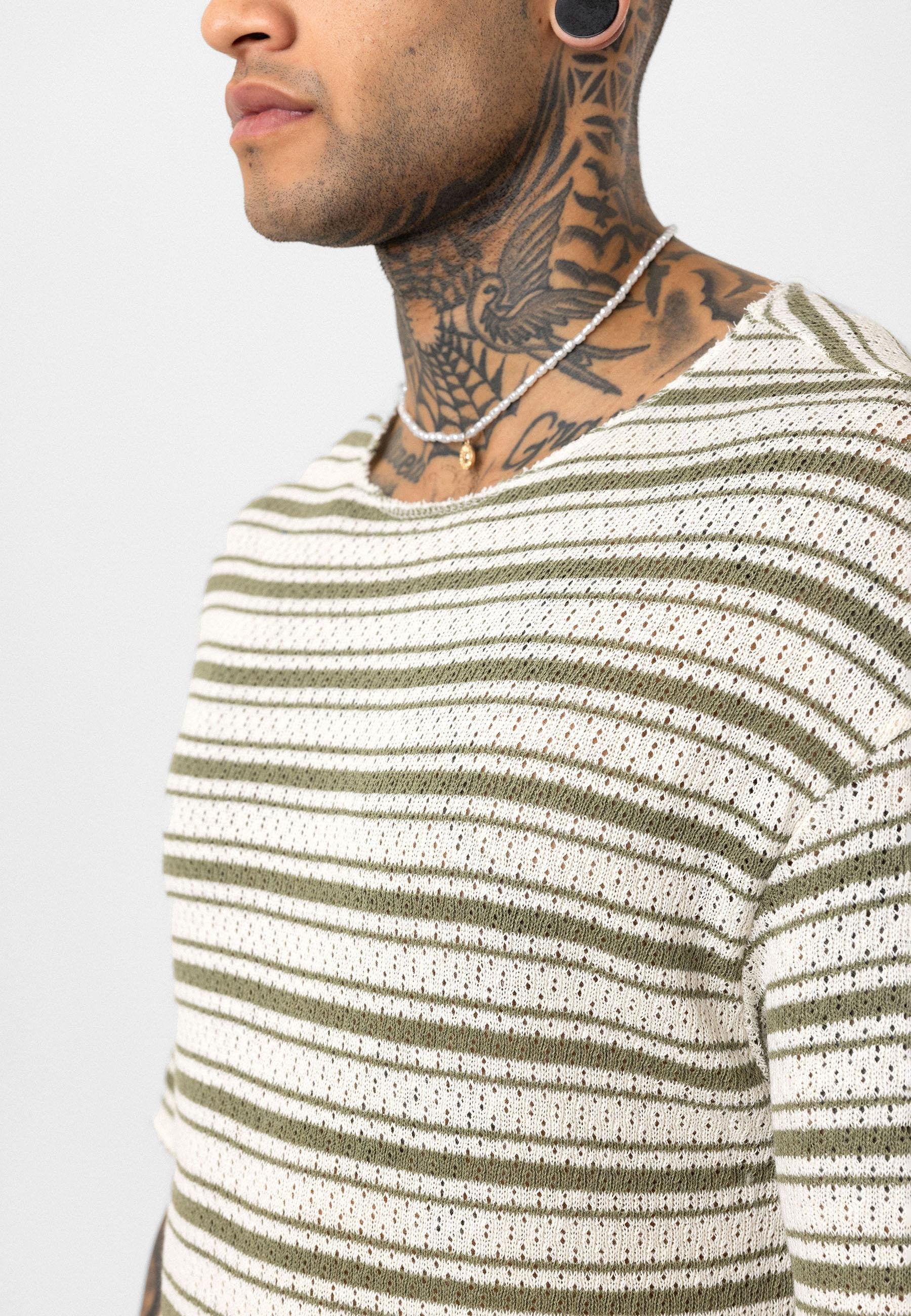 Çizgili Oversize Triko Tişört Haki