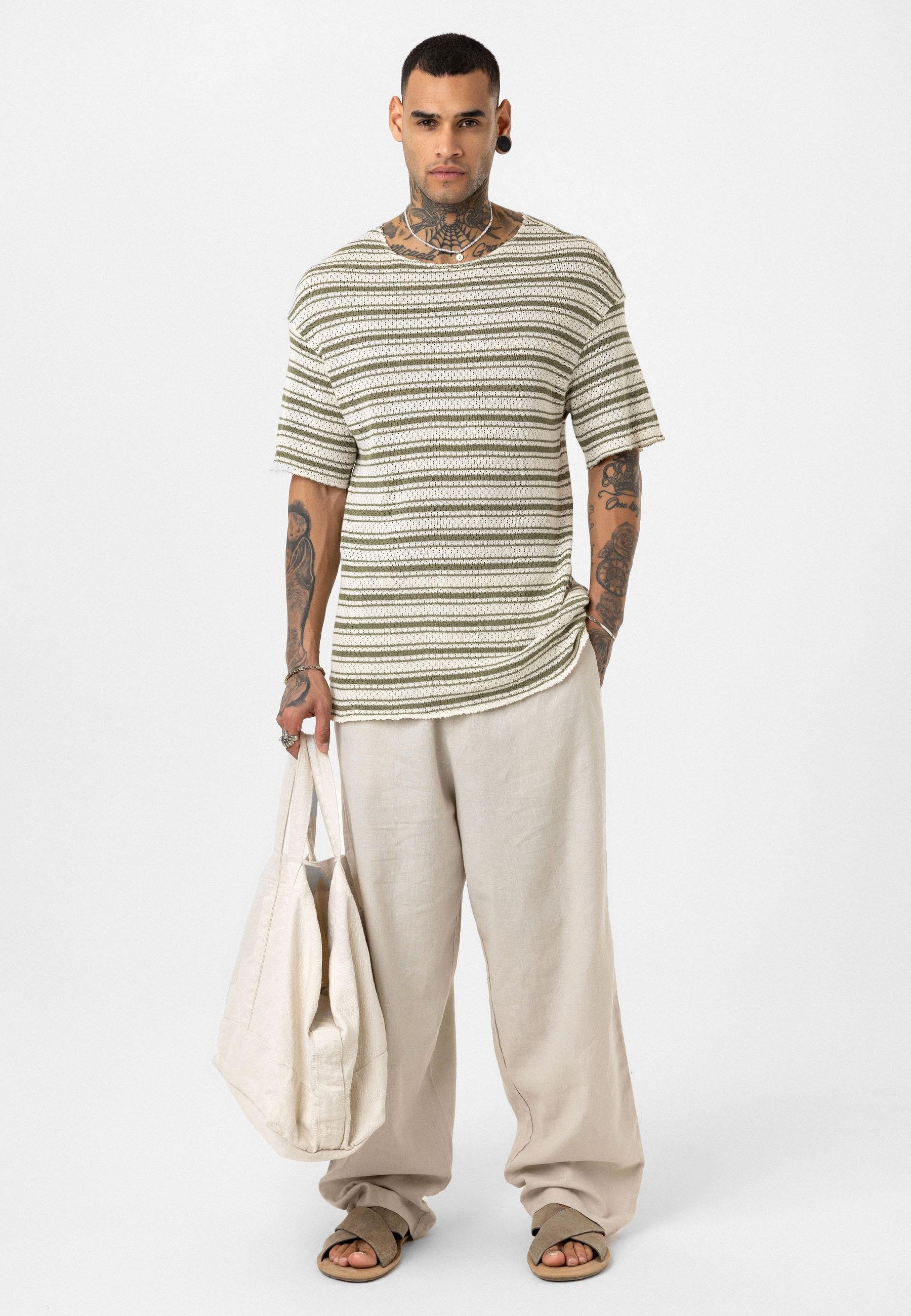 Çizgili Oversize Triko Tişört Haki