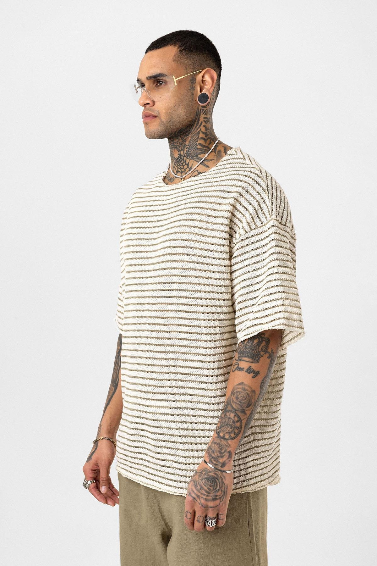 Çizgili Oversize Triko Tişört Haki