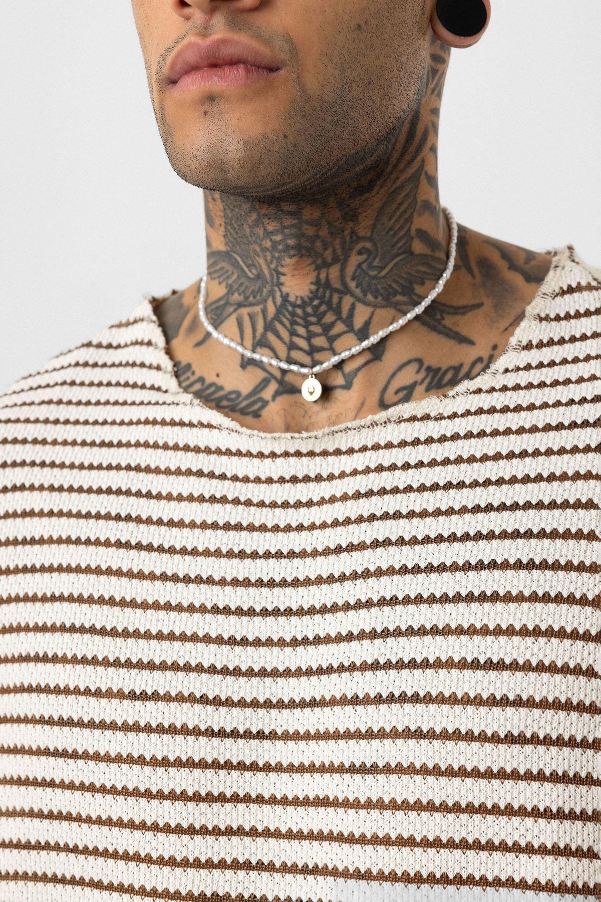 Çizgili Oversize Triko Tişört Kahve