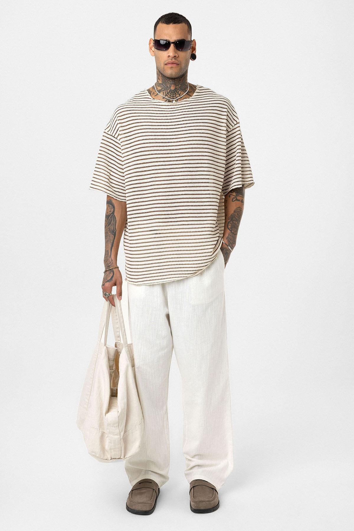 Çizgili Oversize Triko Tişört Kahve