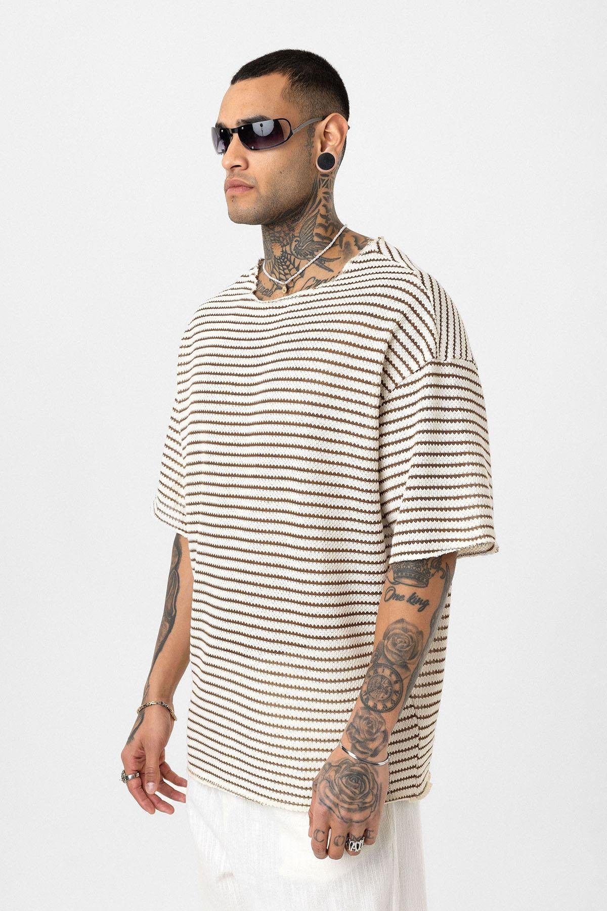 Çizgili Oversize Triko Tişört Kahve