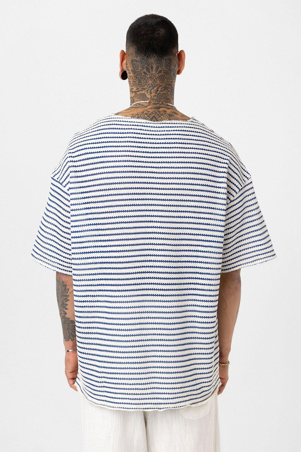 Çizgili Oversize Triko Tişört Saks