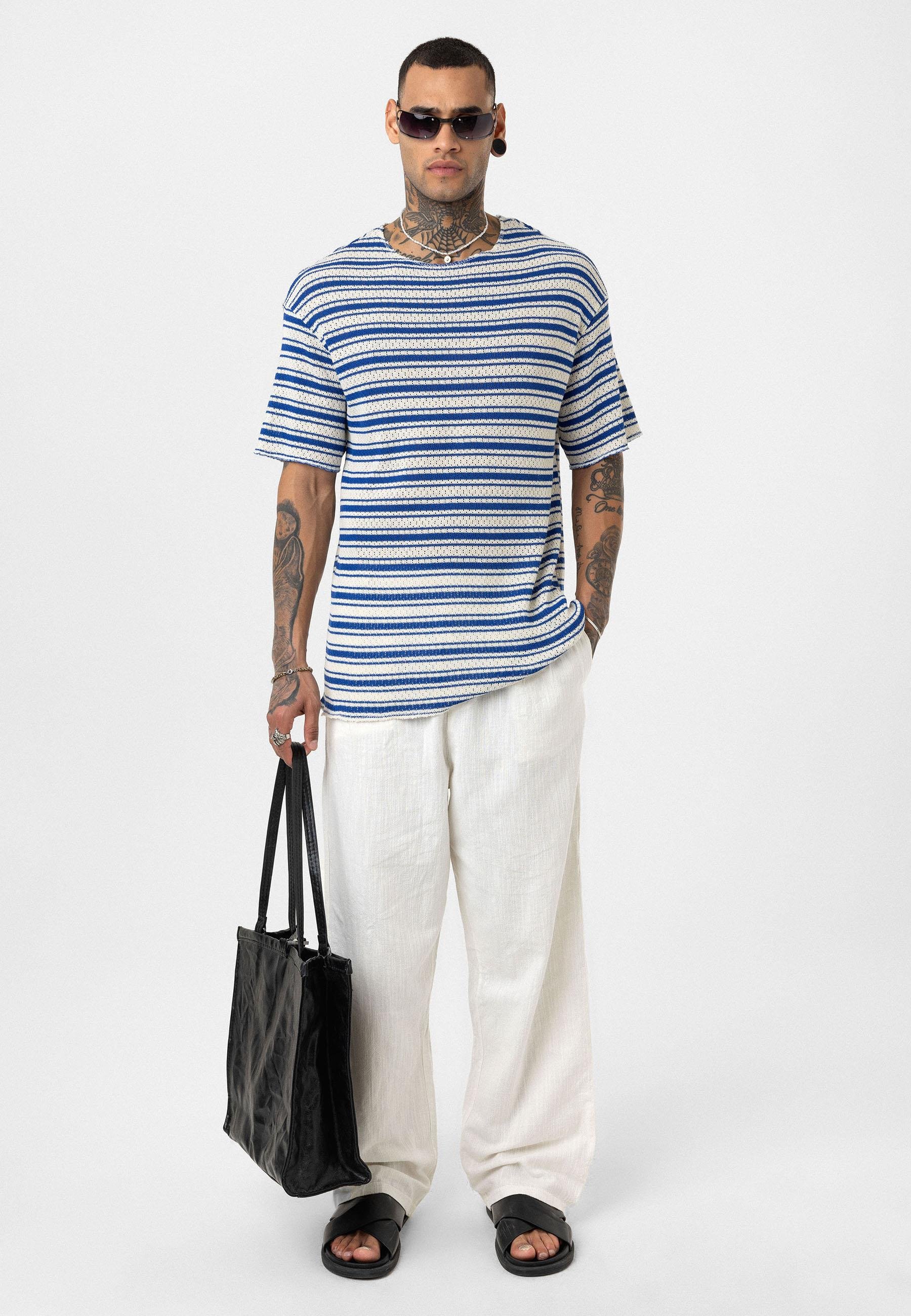 Çizgili Oversize Triko Tişört Saks
