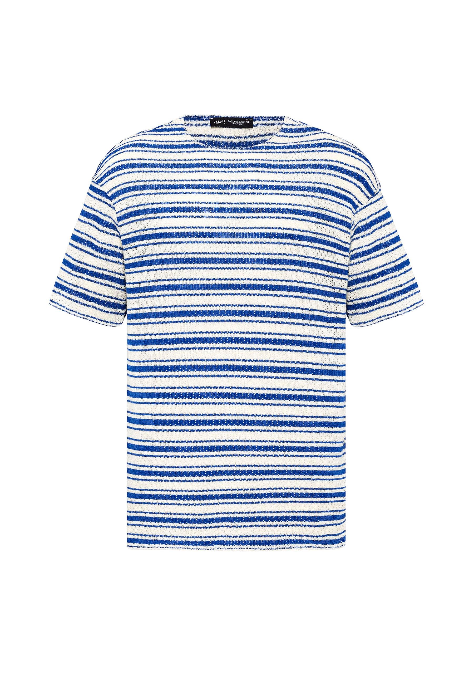 Çizgili Oversize Triko Tişört Saks