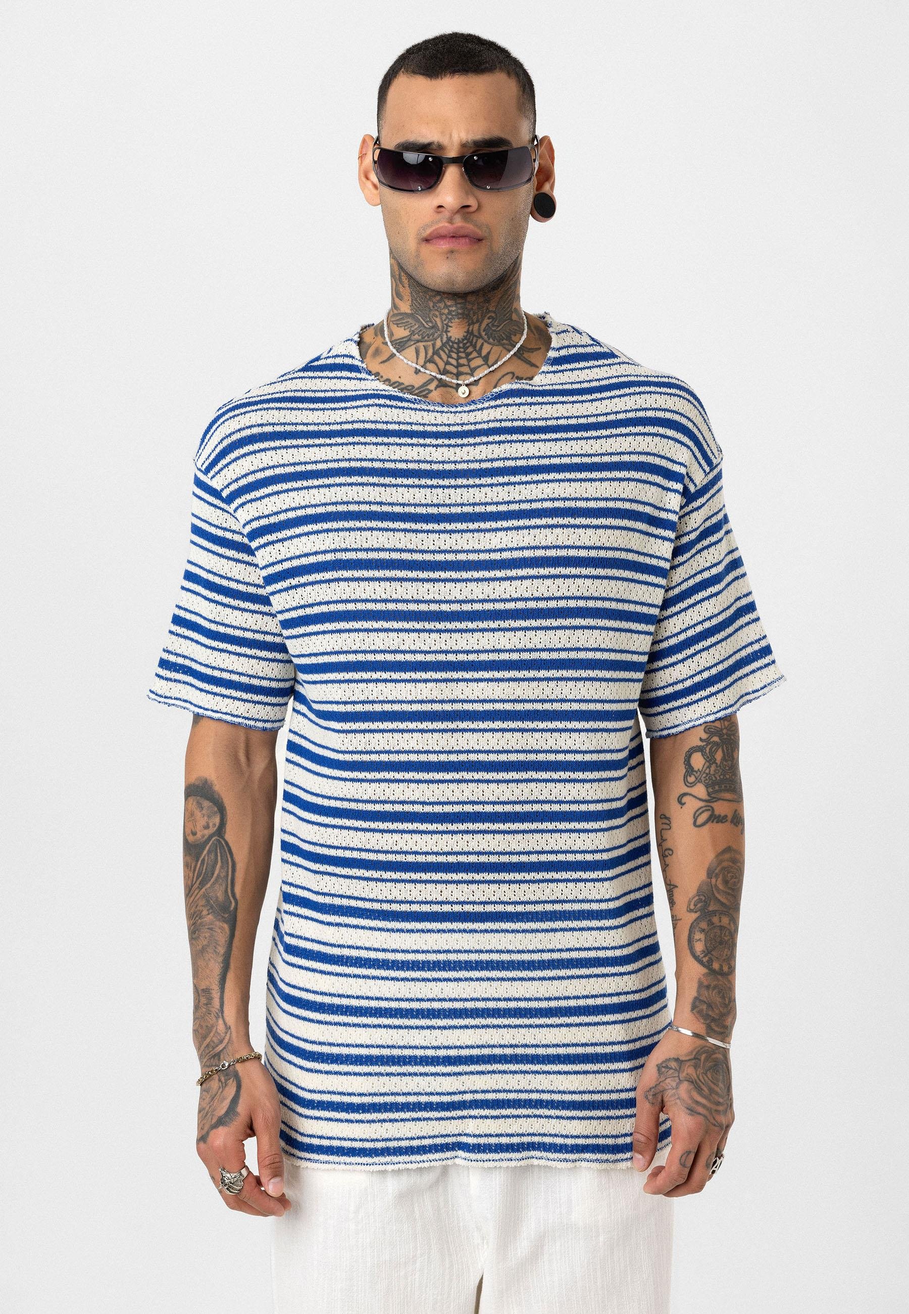 Çizgili Oversize Triko Tişört Saks