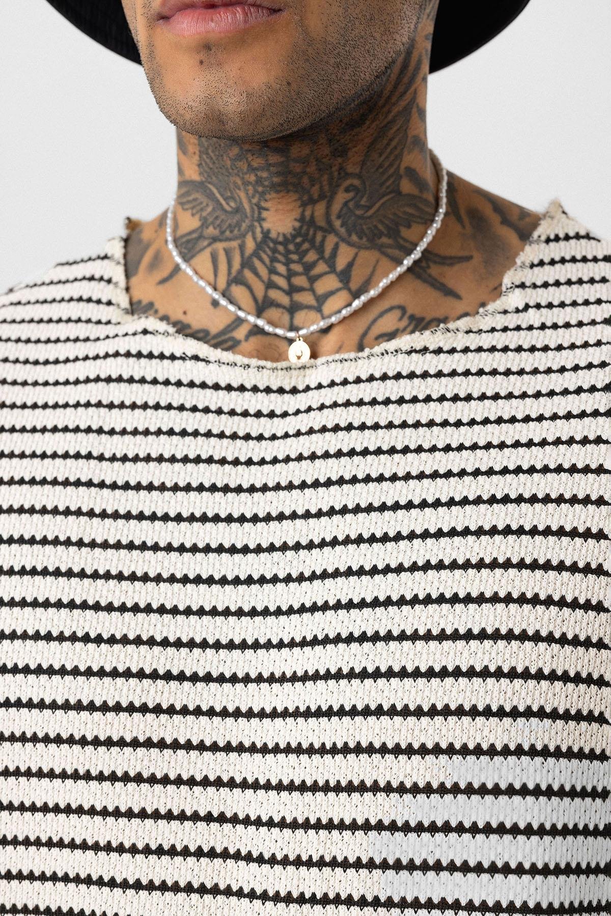 Çizgili Oversize Triko Tişört Siyah