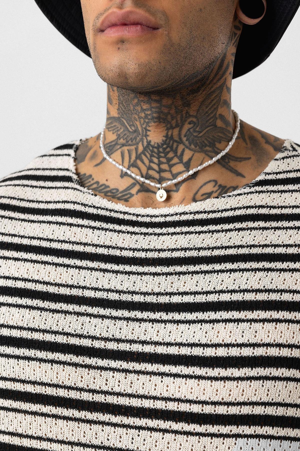 Çizgili Oversize Triko Tişört Siyah