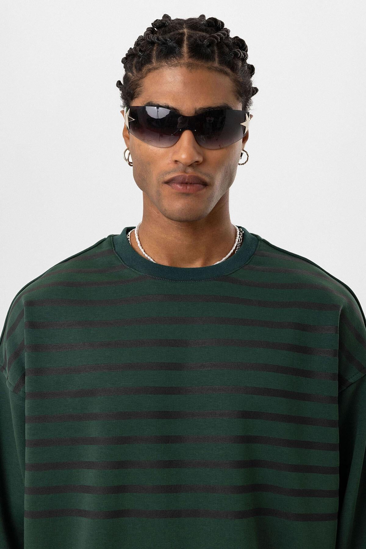 Çizgili Şerit Detaylı Oversize Sweatshirt Nefti