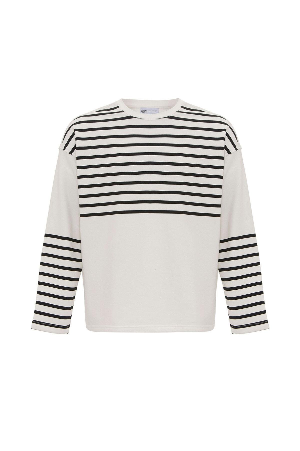 Çizgili Şerit Detaylı Oversize Sweatshirt Ekru