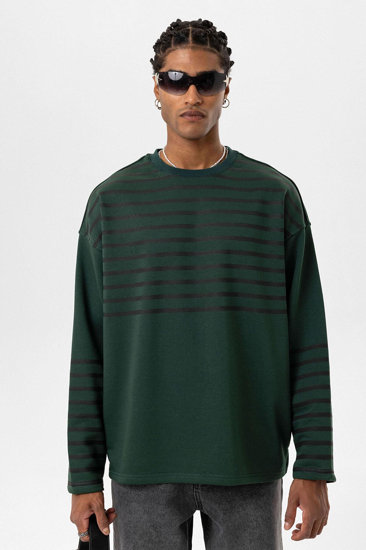 Çizgili Şerit Detaylı Oversize Sweatshirt Nefti