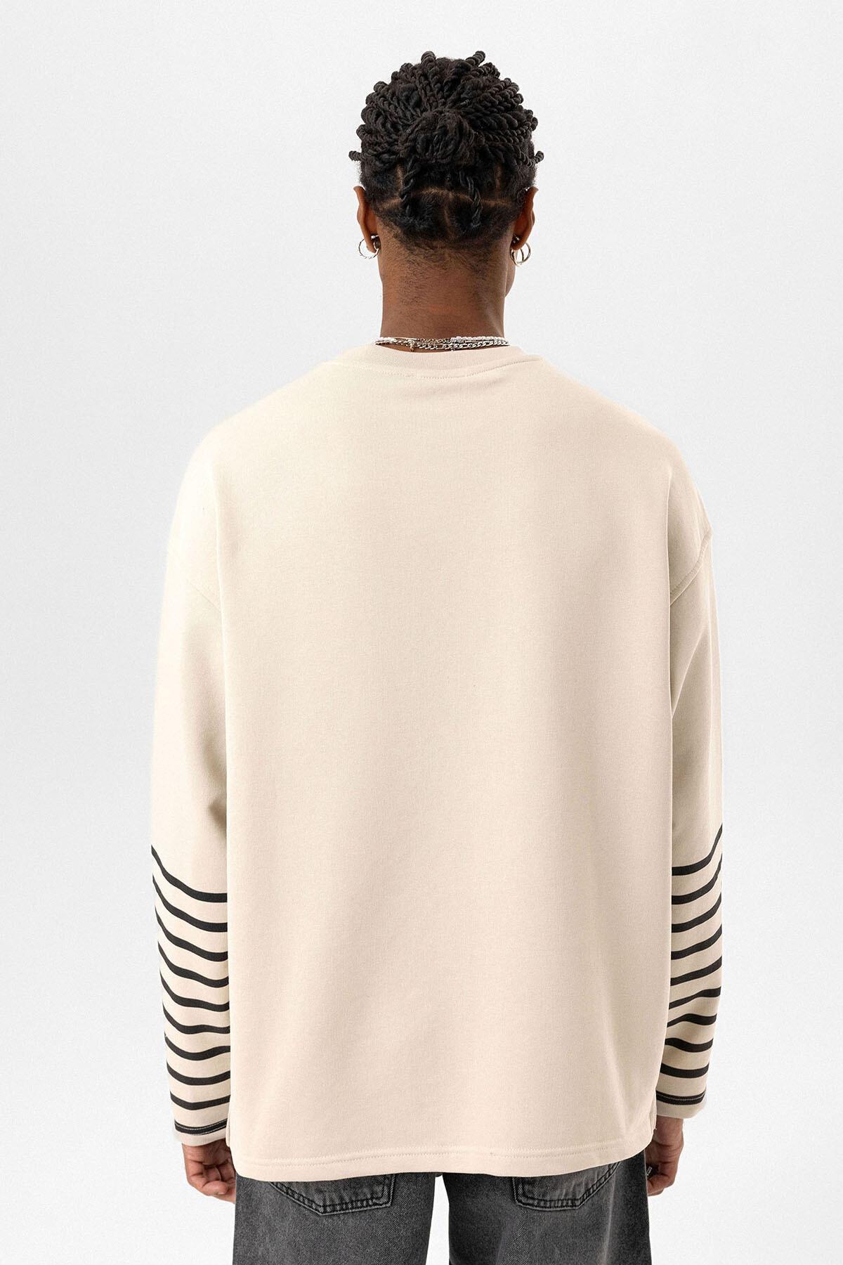 Çizgili Şerit Detaylı Oversize Sweatshirt Taş