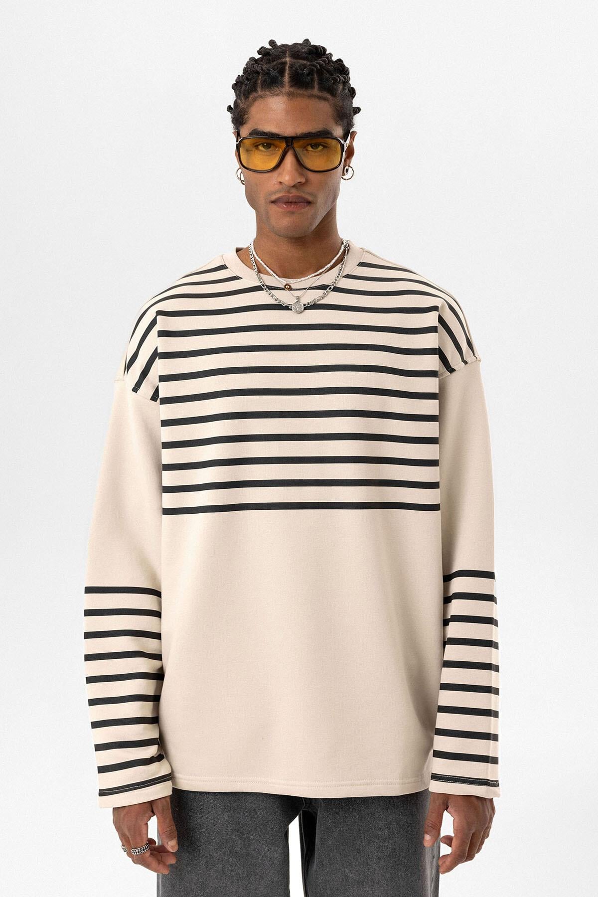 Çizgili Şerit Detaylı Oversize Sweatshirt Taş