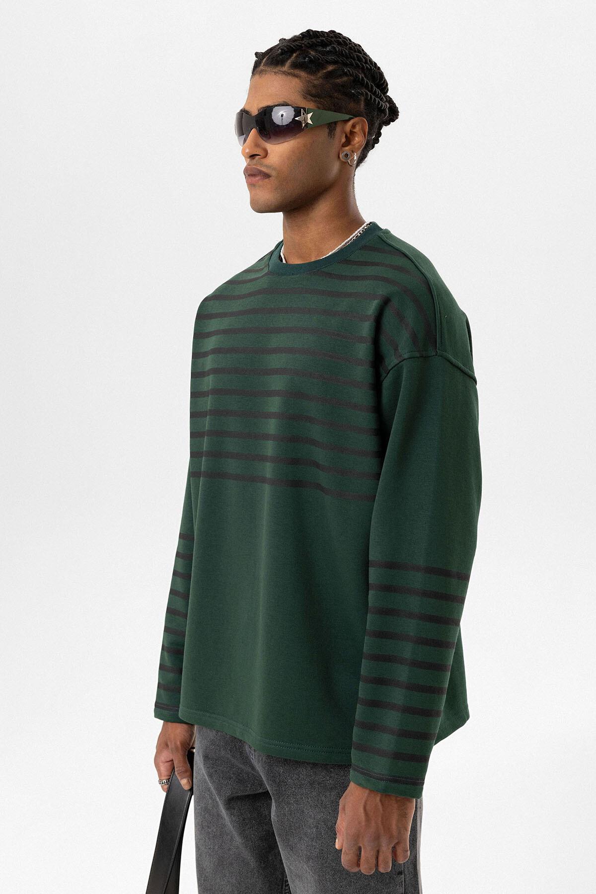 Çizgili Şerit Detaylı Oversize Sweatshirt Nefti