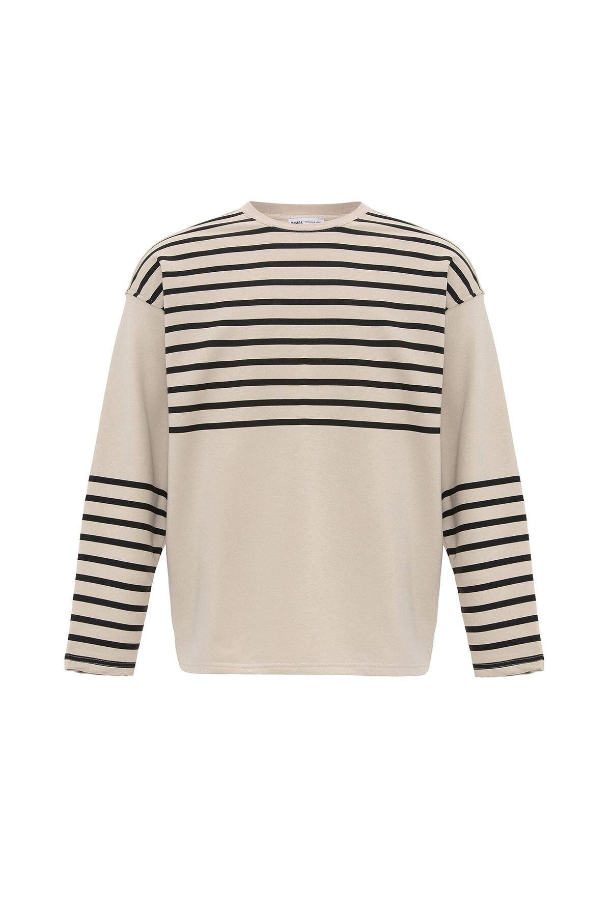 Çizgili Şerit Detaylı Oversize Sweatshirt Taş