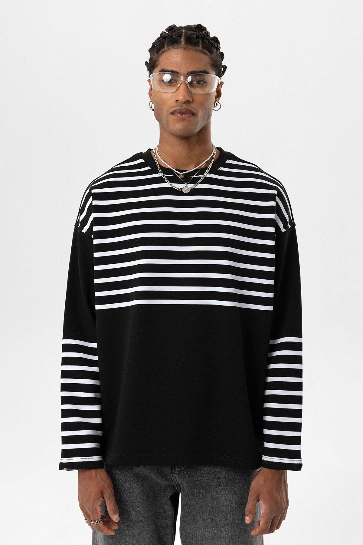 Çizgili Şerit Detaylı Oversize Sweatshirt Siyah