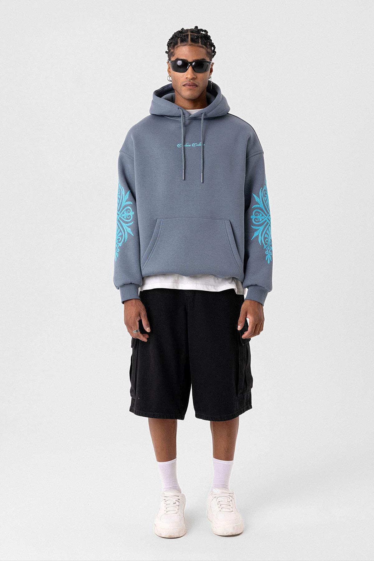 Desenli Oversize Sweatshirt Açık Füme