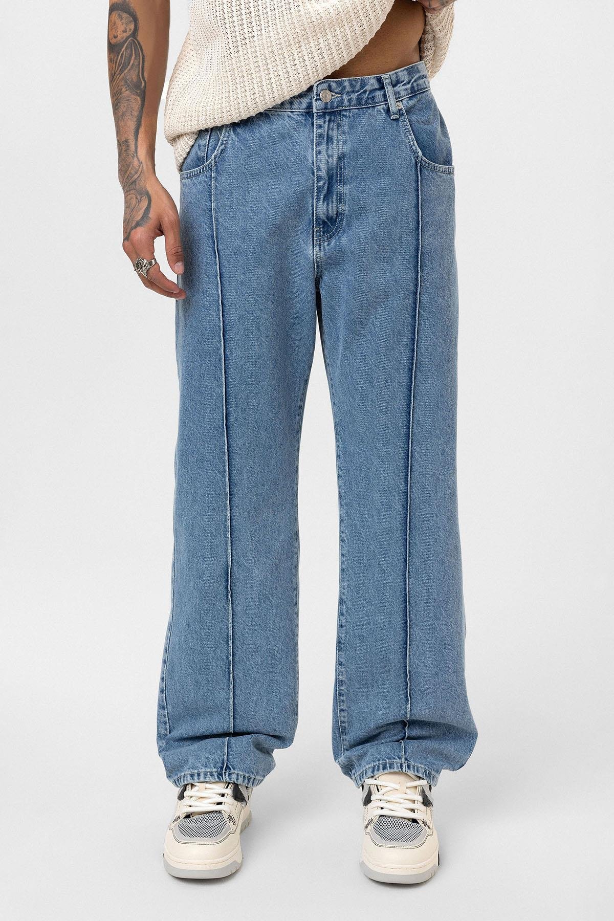 Dikiş Detaylı Relaxed Fit Jean Açık Mavi Melanj