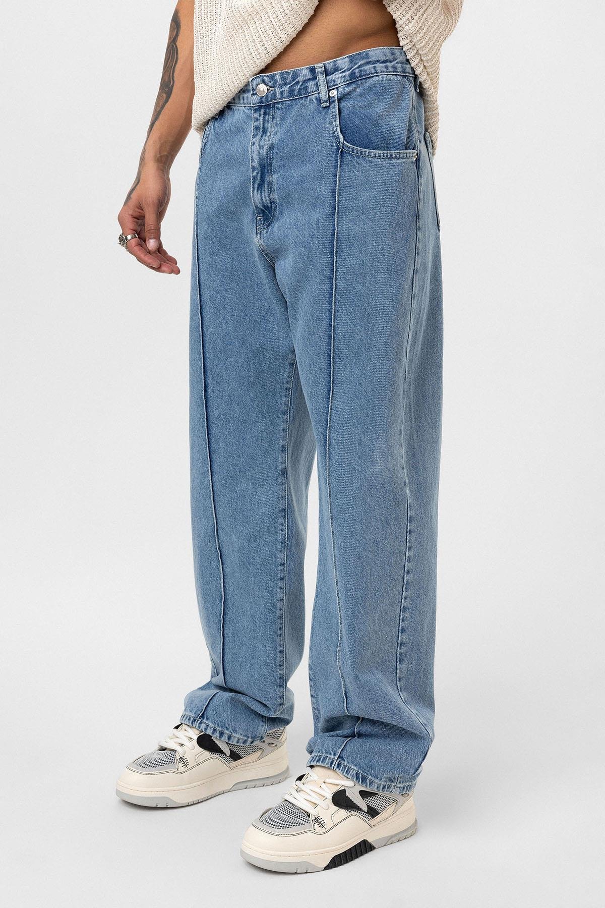 Dikiş Detaylı Relaxed Fit Jean Açık Mavi Melanj