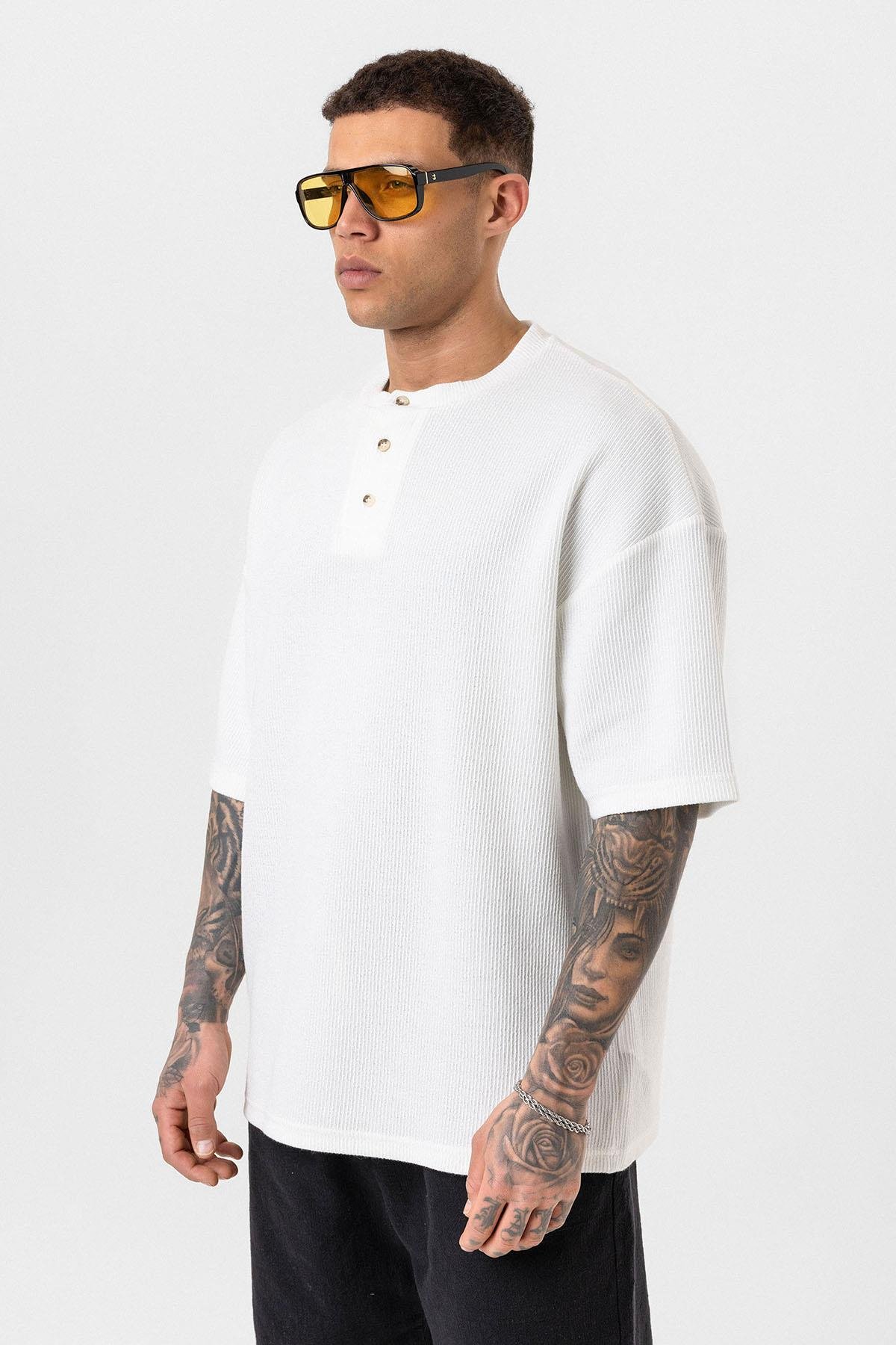 Düğmeli Yaka Oversize Tişört Ekru