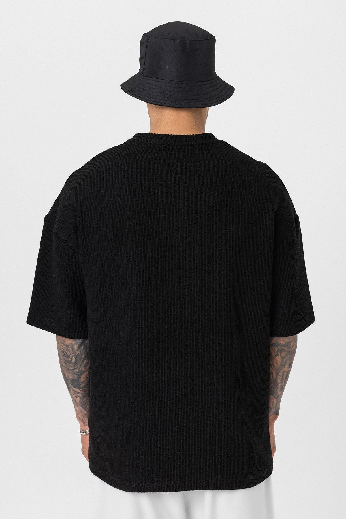 Düğmeli Yaka Oversize Tişört Siyah