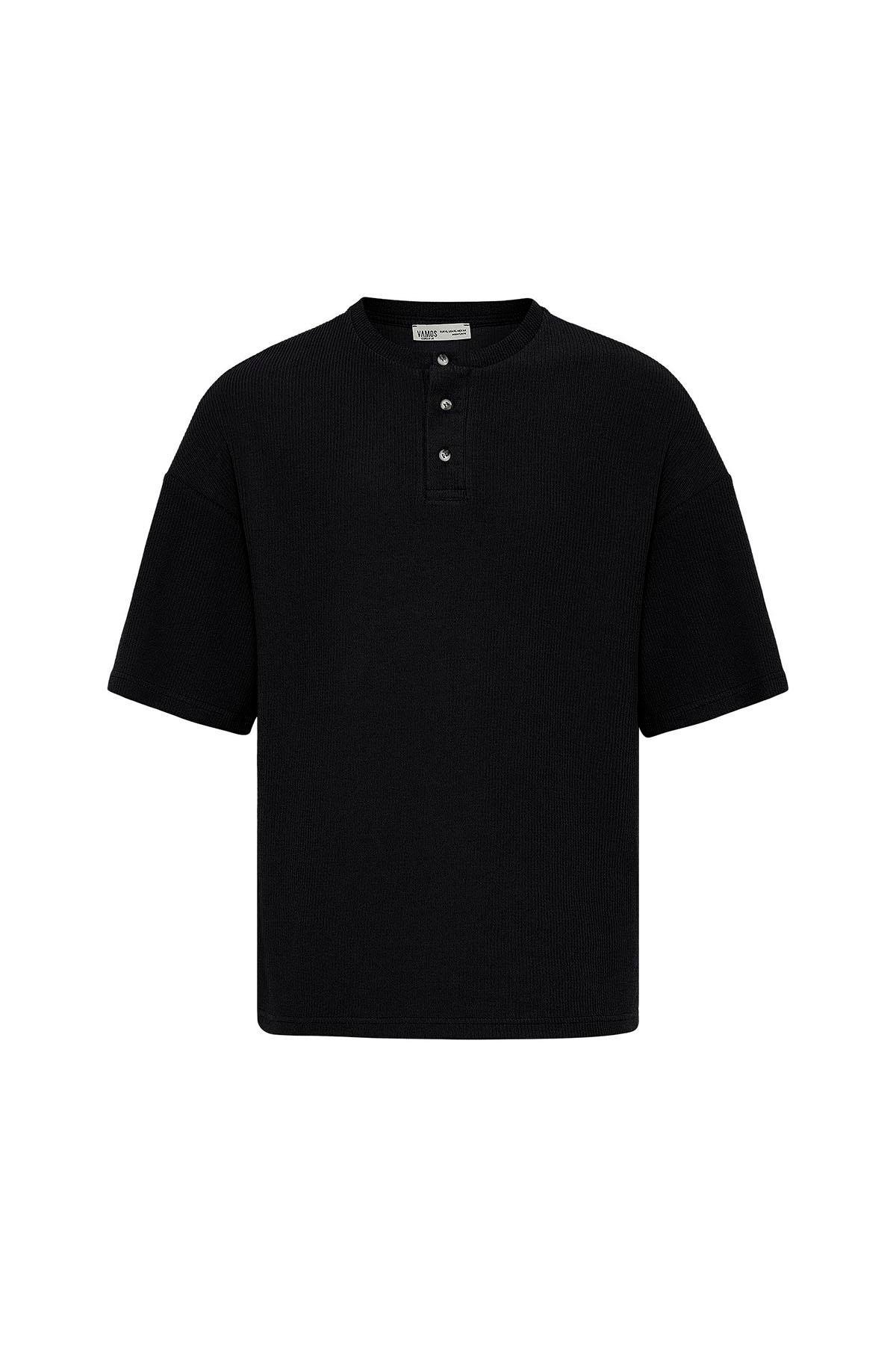 Düğmeli Yaka Oversize Tişört Siyah