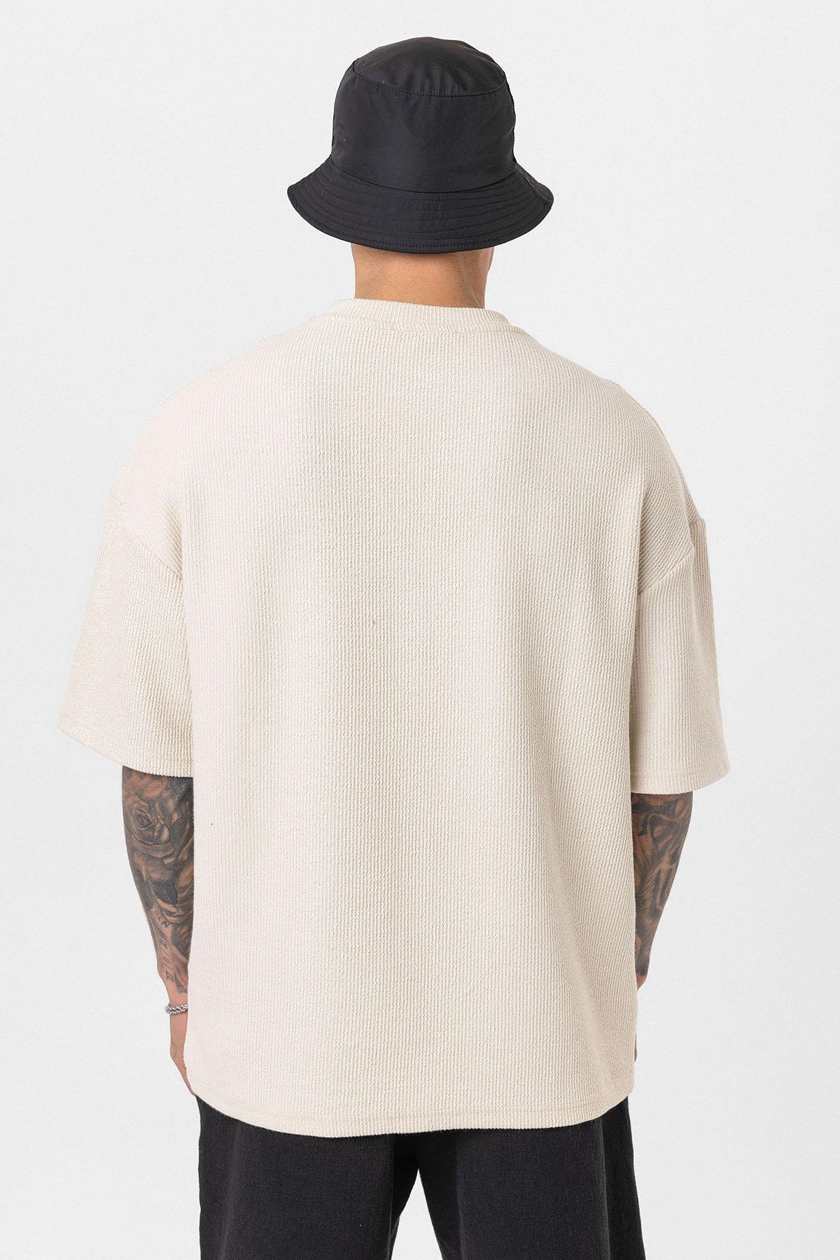 Düğmeli Yaka Oversize Tişört Taş