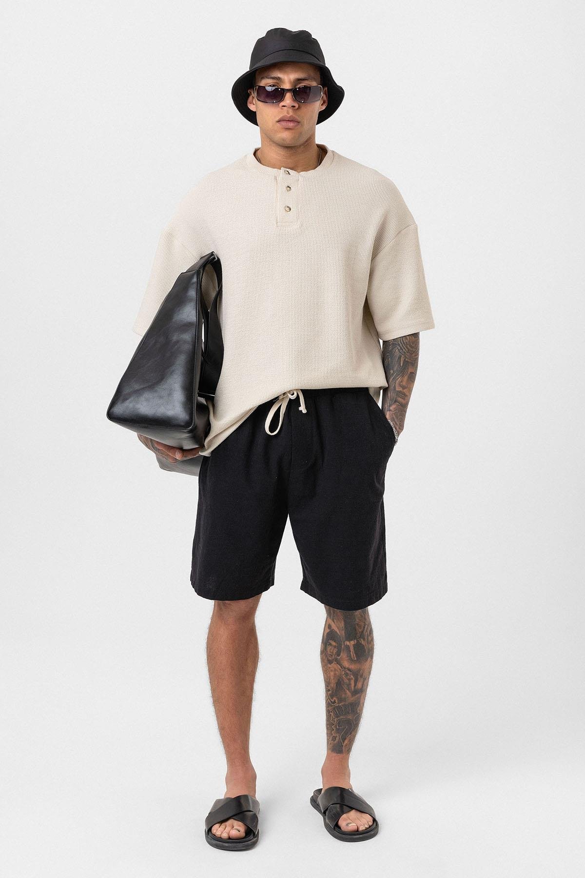 Düğmeli Yaka Oversize Tişört Taş